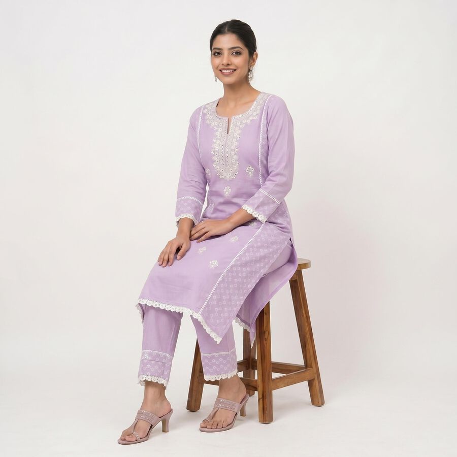 Women's Lavender Cotton Embroidered Ethnic Set, Lilac, large