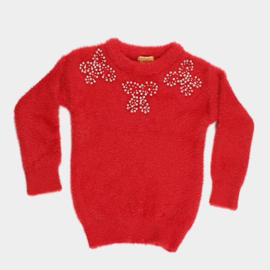 Girls Bright Cherry Red Crew Neck Casual Pullover, Red, large image number null