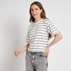 Ladies'  Stripes Round Neck T-Shirt, Off White, small