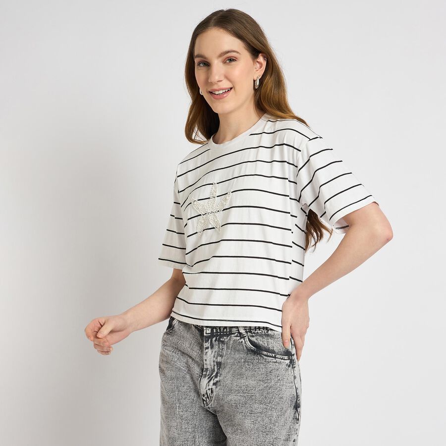 Ladies'  Stripes Round Neck T-Shirt, Off White, large