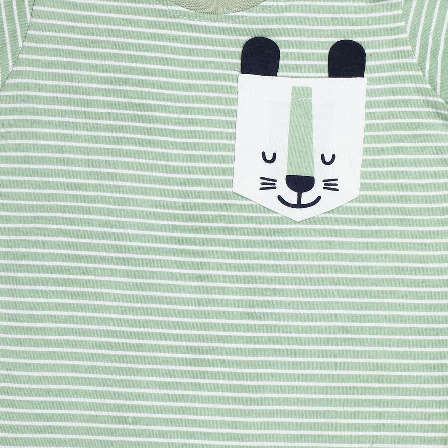 Infants' Mint Green 100% Cotton Round Neck Striped Baba Suit, Light Green, large
