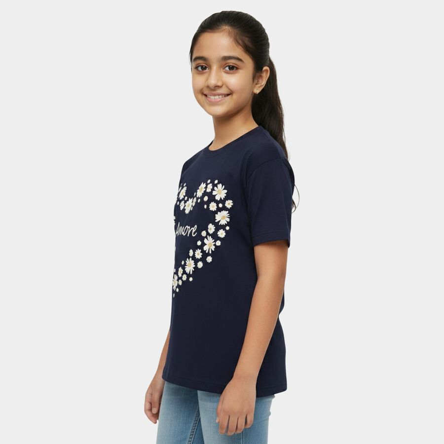 Girls' Navy Blue Cotton Round Neck Casual T-Shirt, नेवी ब्लू, large
