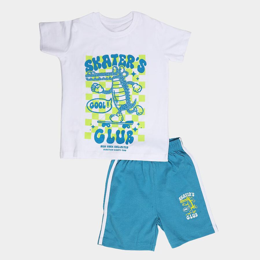 Boys White 100% Cotton Round Neck Skater's Club Graphic Printed Baba Suit, White, large