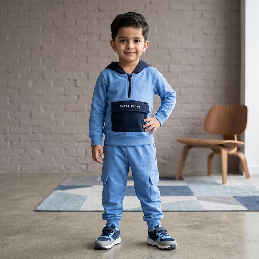 Boys Light Blue Hooded Neck Colorblock Baba Suit, Mid Blue, large