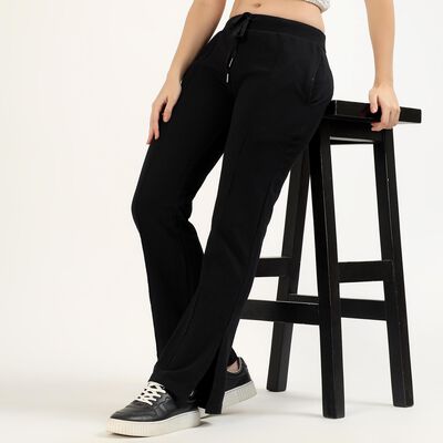 Women's Jet Black Flared Fit Side-Slit Track Pants