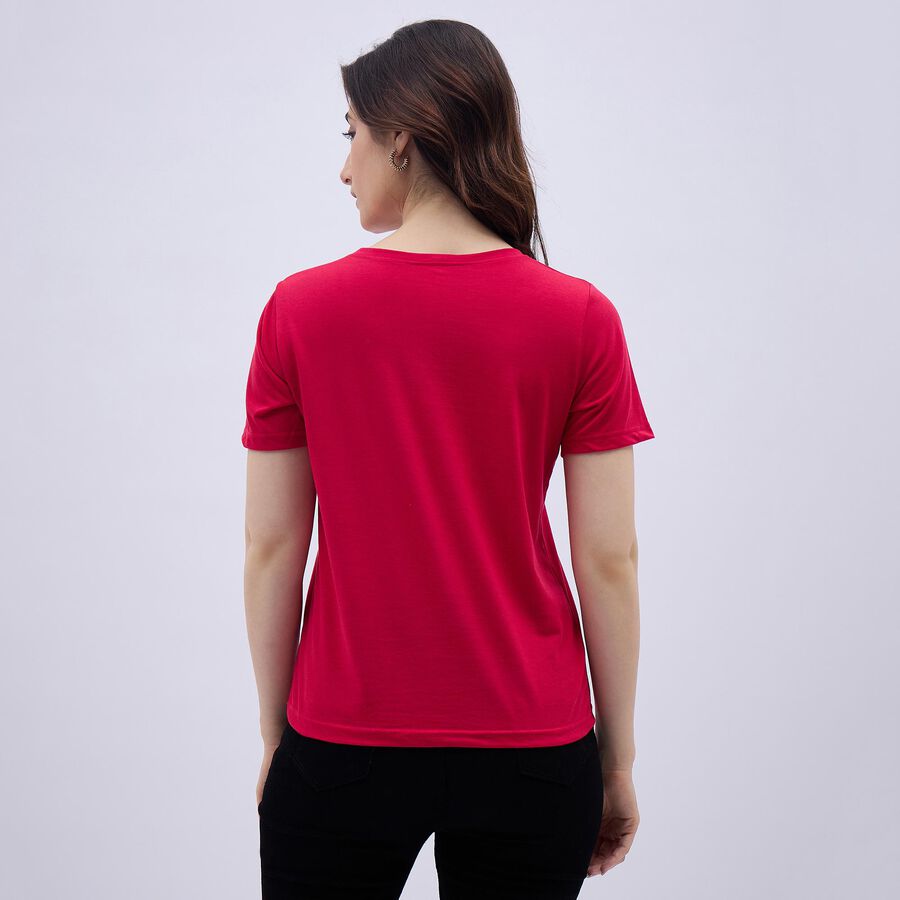 Women's Bright Red Round Neck Casual T-Shirt, Fuchsia, large