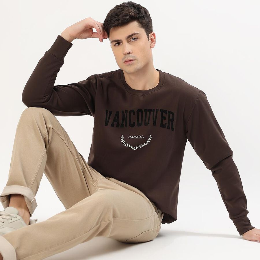 Men's Dark Chocolate Crew Neck Graphic Sweatshirt, Brown, large image number null