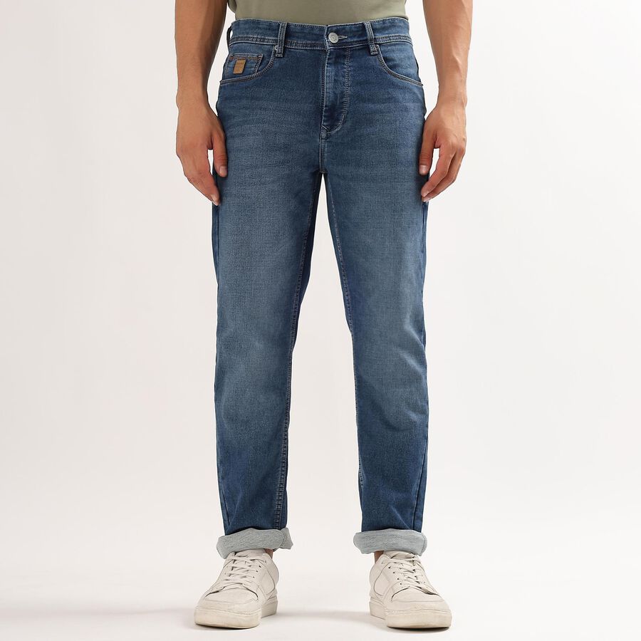 Men's Stonewashed Blue Slim Fit Five-Pocket Jeans, Mid Blue, large image number null