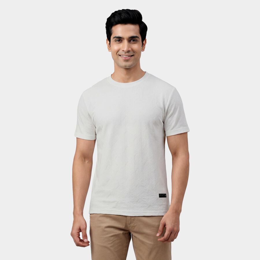 Men's Bright Snow White Round Neck Casual T-Shirt, सफ़ेद, large