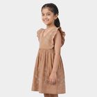 Girls' Brown Cotton V-Neck A-Line Dress, Brown, small