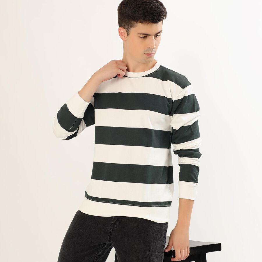 Men's Dark Forest Green and White Crew Neck Striped Sweatshirt, Dark Green, large image number null