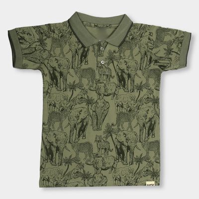 Boys' Olive Green Cotton Collar Half Sleeve T-Shirt