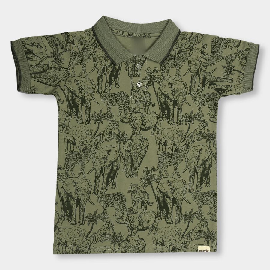 Boys' Olive Green Cotton Collar Half Sleeve T-Shirt, ओलिव, large image number null