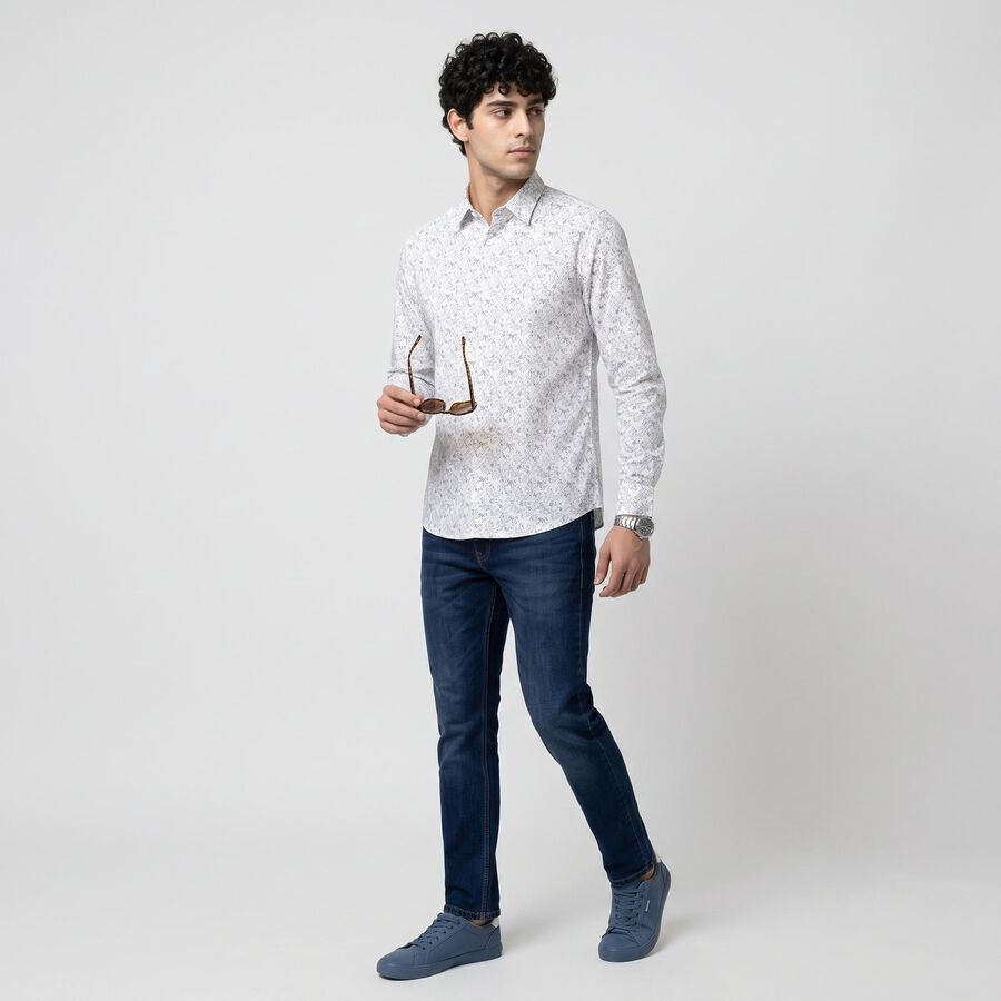 Men's White Cotton Floral Spread Collar Shirt, White, large