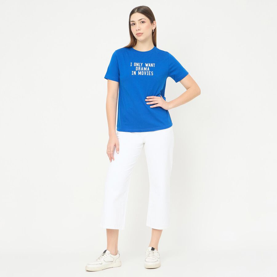 Women's Bright Blue Round Neck Casual T-Shirt, Blue, large