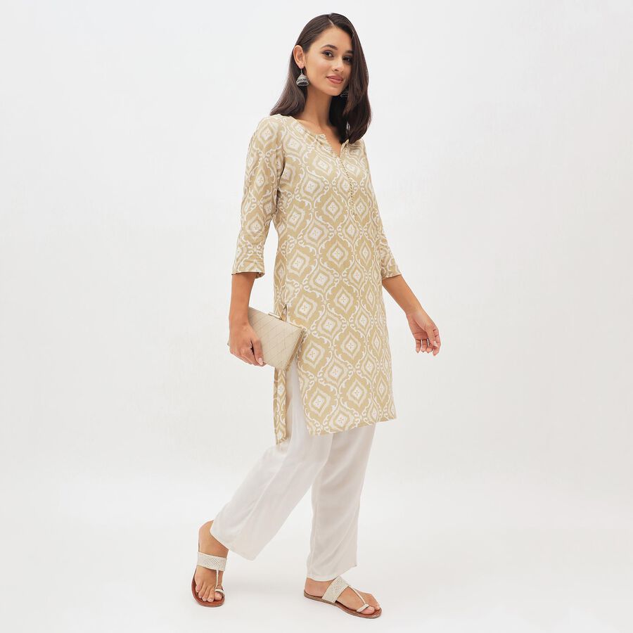 Women's Beige V-Neck Printed Kurta, गहरा पीला, large image number null
