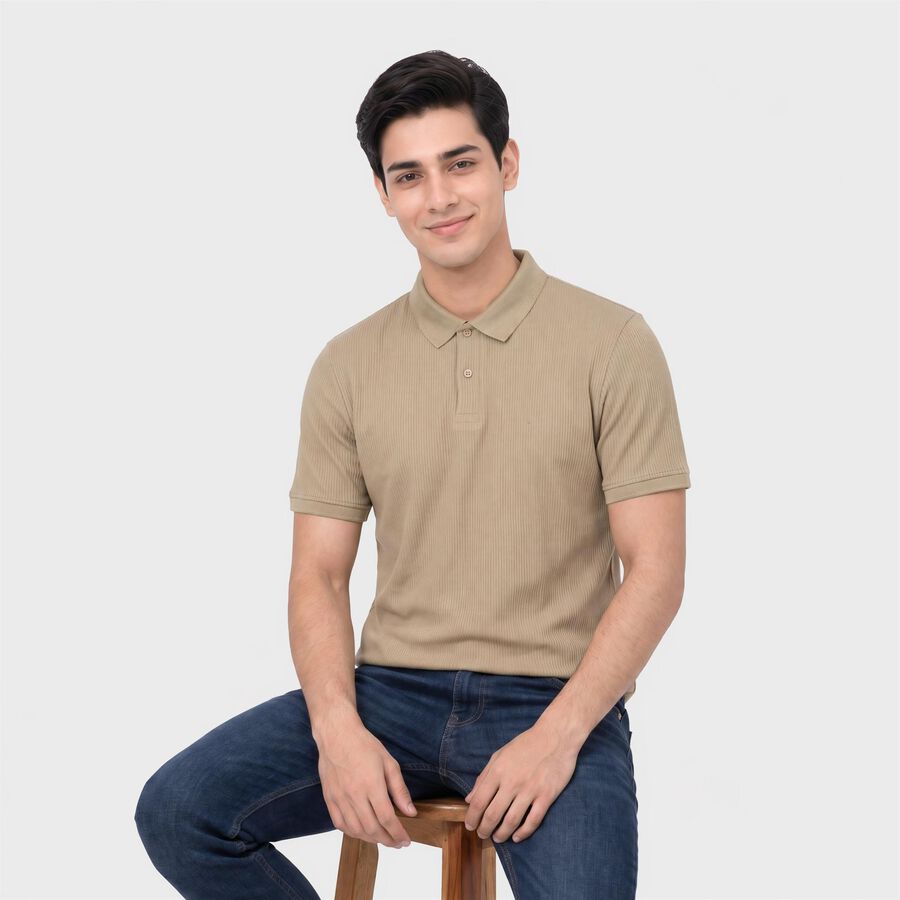 Men's Beige Collared Polo Collared Half Sleeves T-Shirt, गहरा पीला, large