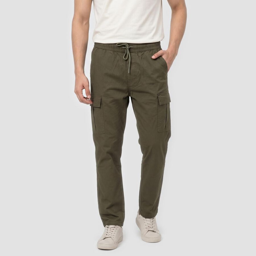 Men's Olive Green Slim Fit Cargo Trousers, Olive, large