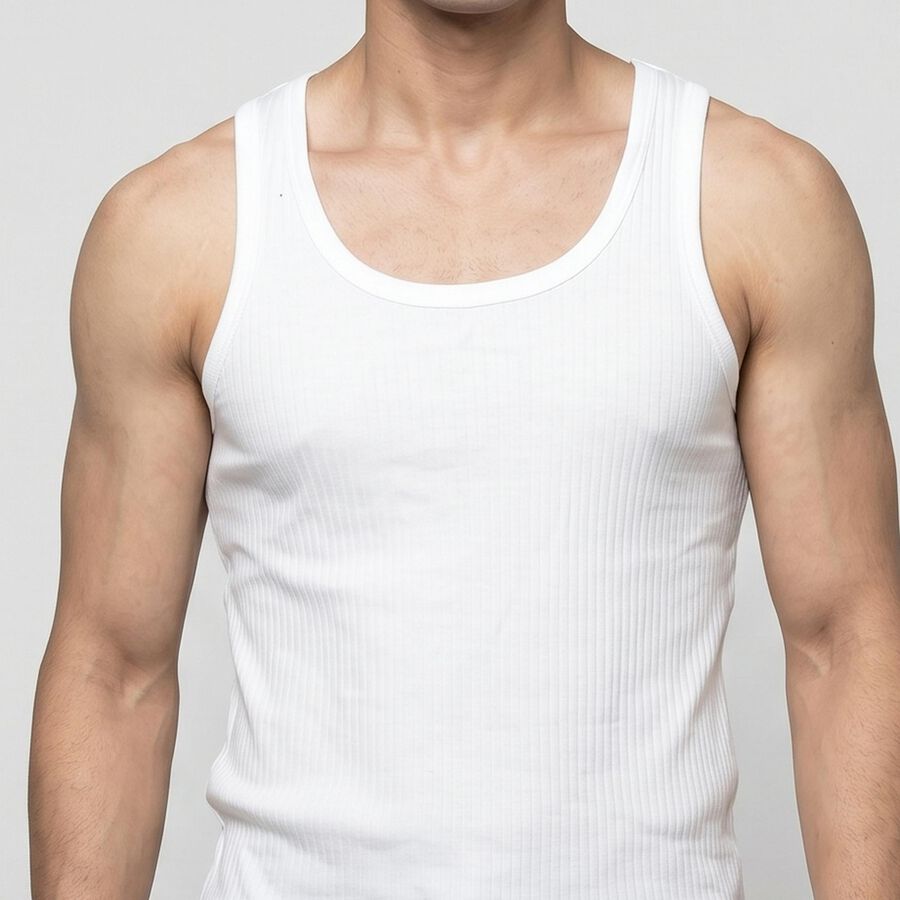 Men's White Cotton Round Neck Sleeveless Vest, White, large