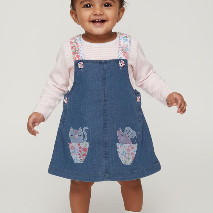 Infants' Muted Denim Blue Floral Strap Casual Frock, हल्का नीला, large image number null