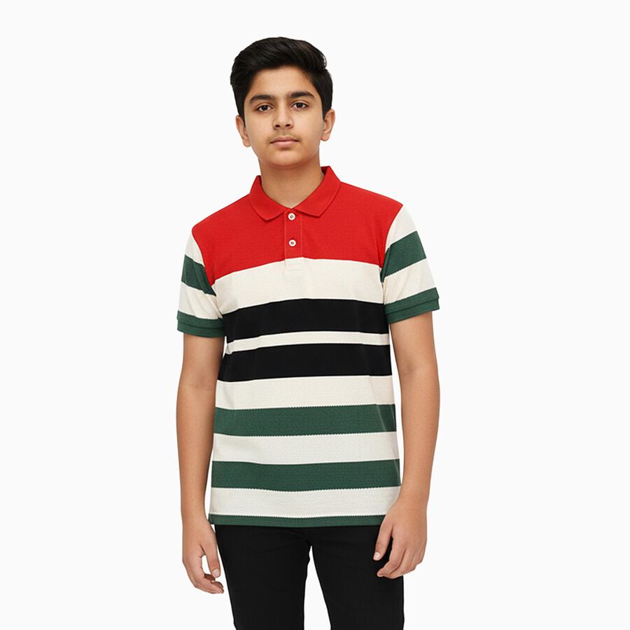 Boys Red and Green Polo Neck Casual T-Shirt, Red, large image number null