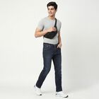 Men's Navy Blue Straight Fit Panelled Washed Jeans, Dark Blue, small