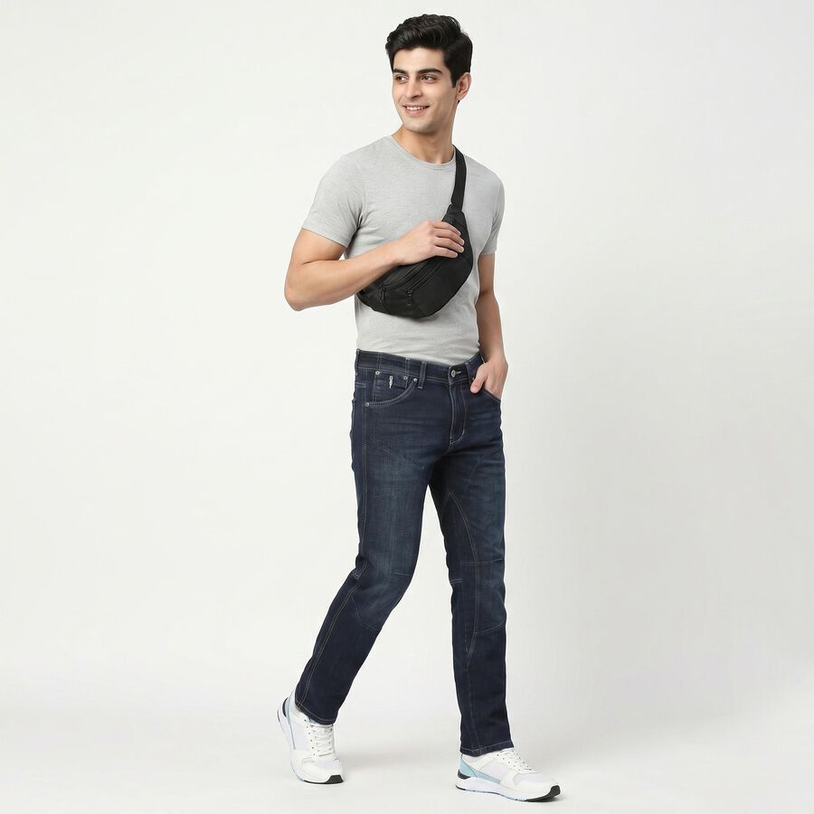 Men's Navy Blue Straight Fit Panelled Washed Jeans, Dark Blue, large