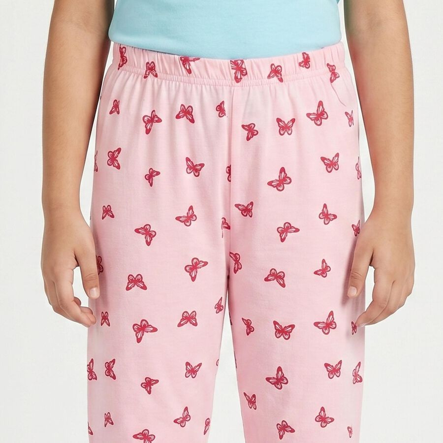 Girls Pink Straight Fit Butterfly Printed Cotton Blend Pyjama, गुलाबी, large
