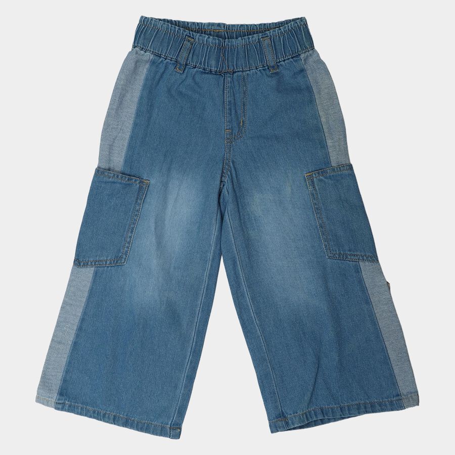 Girls' Light Blue Wide Leg Cargo Style Jeans, मध्यम नीला, large