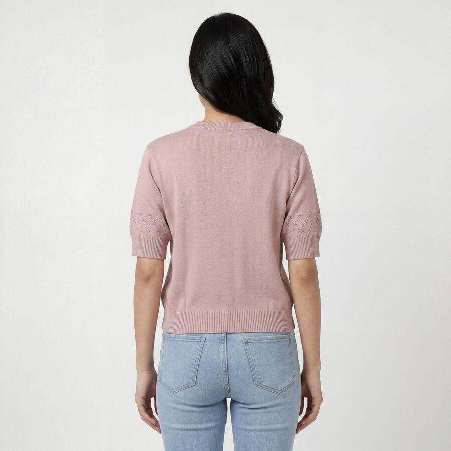 Women's Pink Cotton Round Neck Minimalist Top, गुलाबी, large