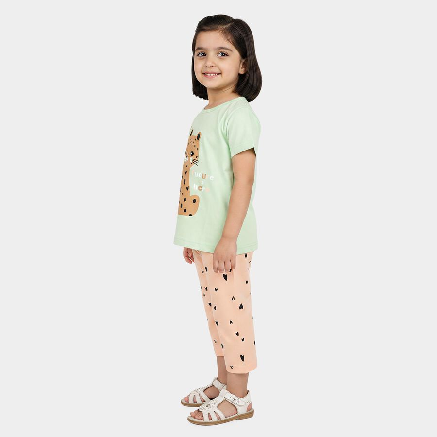 Girls Mint Green Round Neck T-Shirt Set Upper and Bottom Set, Light Green, large