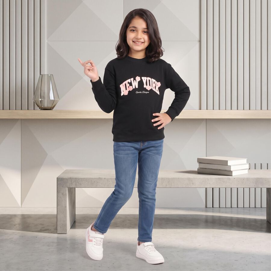 Girls' Black Crew Neck Pullover Sweatshirt, काला, large