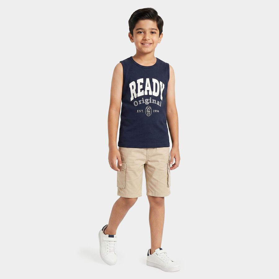 Boys Navy Blue Cotton Blend Round Neck Regular T-Shirt, नेवी ब्लू, large