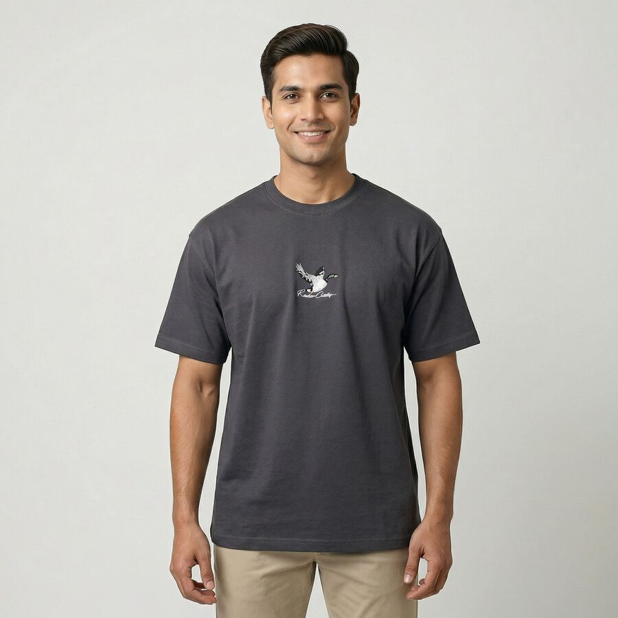 Men's Dark Grey Cotton Round Neck Casual T-Shirt, Dark Grey, large