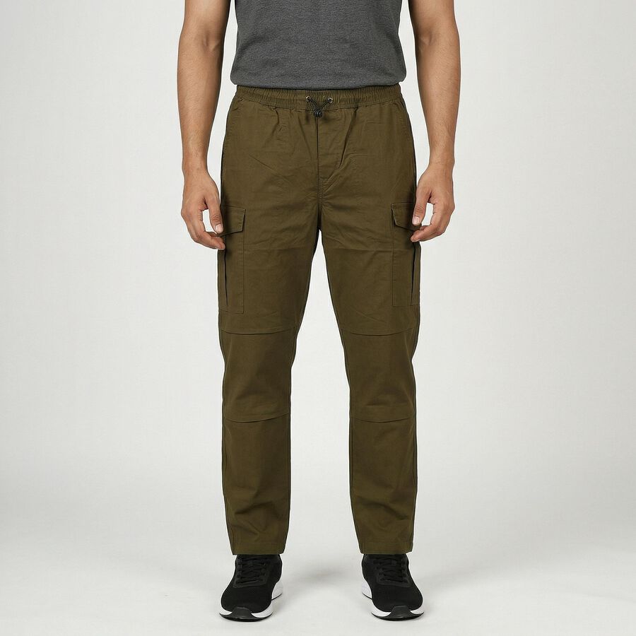 Men's Olive Green Slim Fit Casual Trousers, Olive, large
