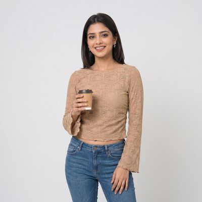 Women's Beige Round Neck Regular Top