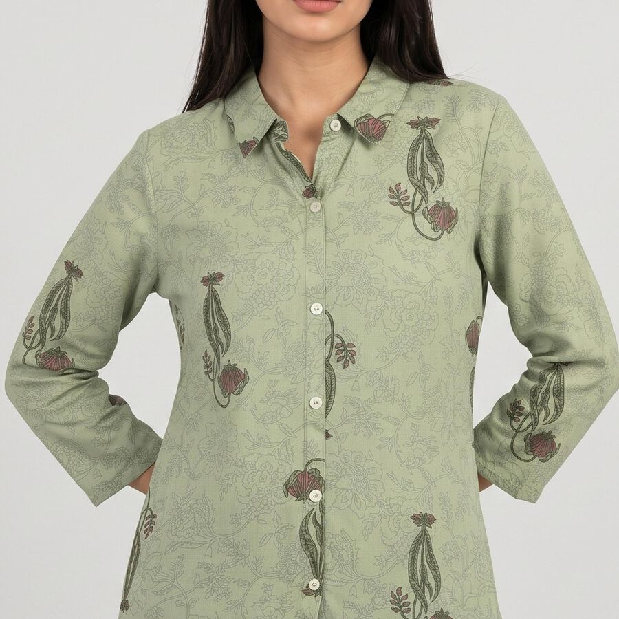Women's Sage Green Shirt Collar Floral Printed Kurti, हल्का हरा, large