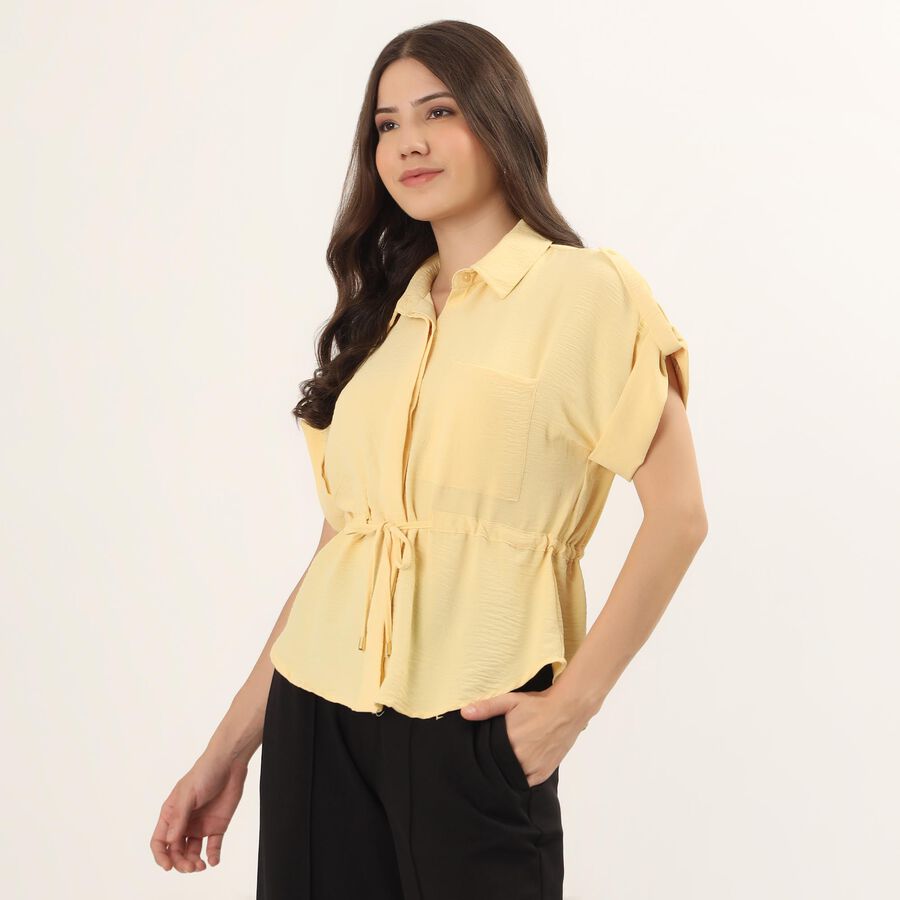 Women's Yellow Half Sleeve Classic Collar Casual Shirt, पीला, large