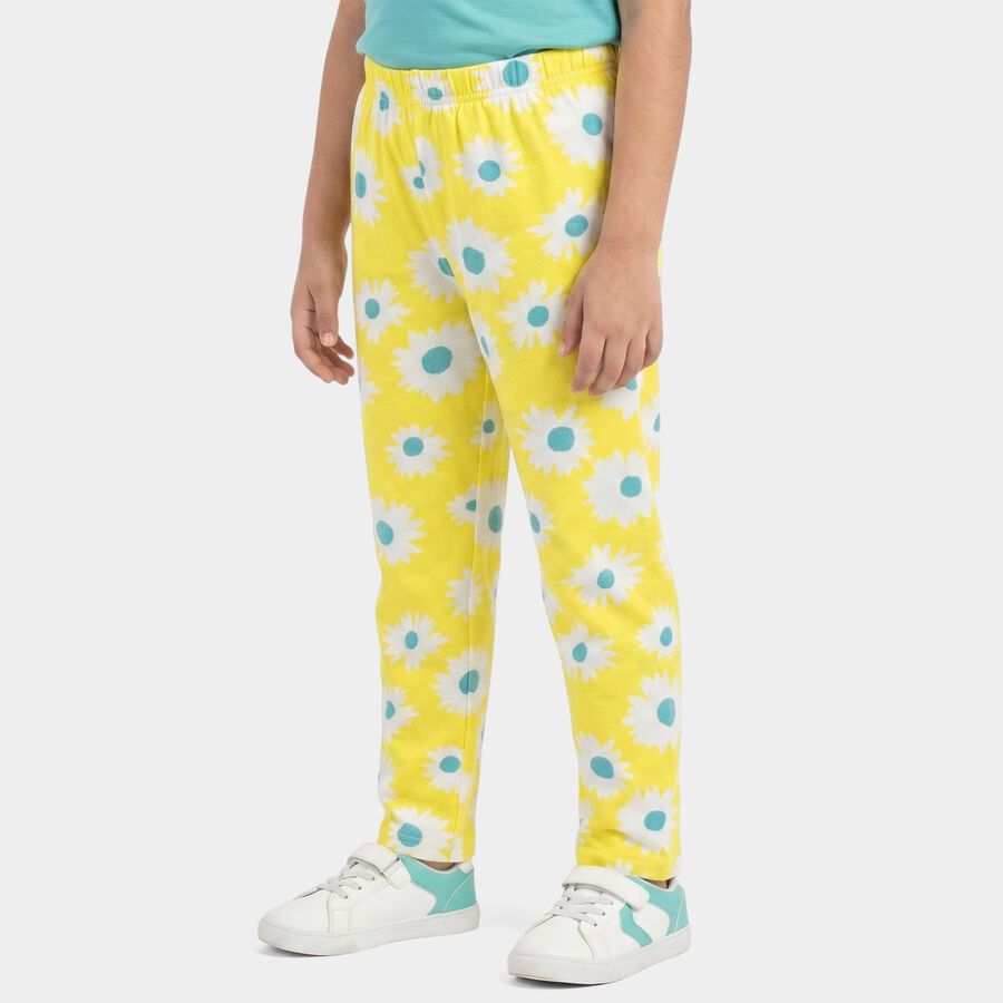 Girls' Yellow Straight Fit Floral Printed Cotton Blend Pyjama, Yellow, large