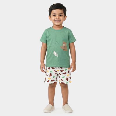 Boys' Green 100% Cotton Round Neck Solid Baba Suit