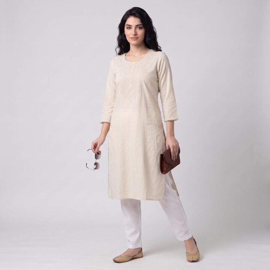 Women's Beige Round Neck Embroidered Straight Kurta, Beige, large