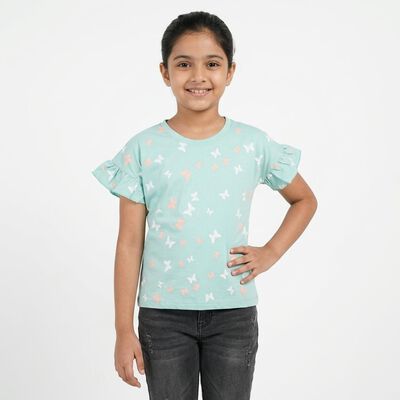 Girls' Light Green Cotton Round Neck Casual T-Shirt