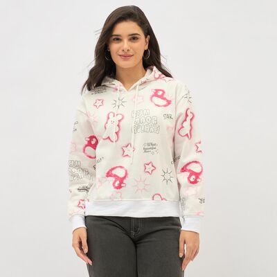 Women's Off White Hooded Casual Sweatshirt