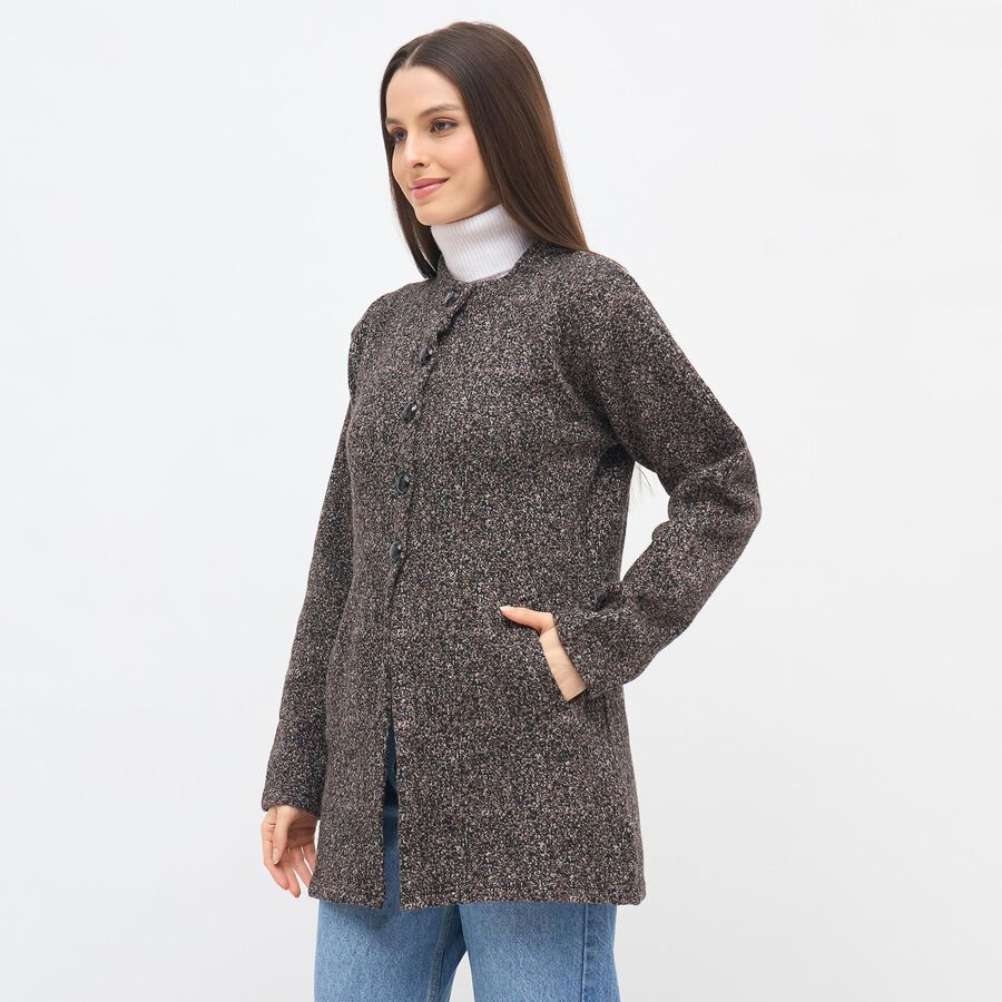 Women's Dark Charcoal Black Casual Tweed Blazer, Black, large image number null