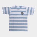 Boys' Light Blue Cotton Blend Round Neck Striped T-Shirt, हल्का नीला, small