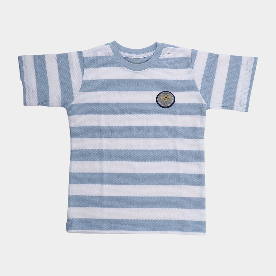 Boys' Light Blue Cotton Blend Round Neck Striped T-Shirt, हल्का नीला, large