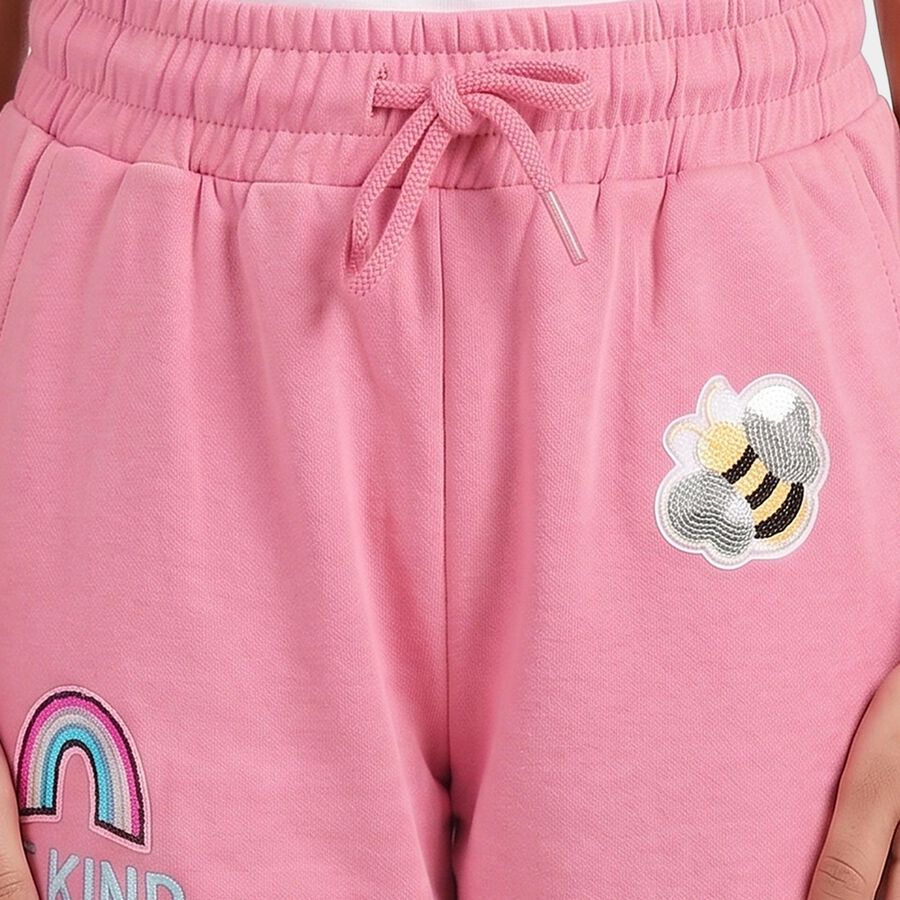 Girls Pink Jogger Fit Graphic Printed Cotton Pyjama, गुलाबी, large