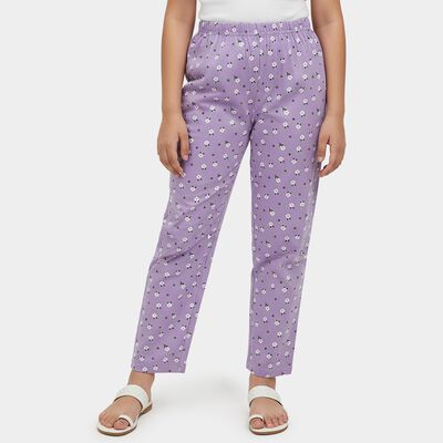 Girls' Purple Regular Fit Cat Printed Cotton Blend Pyjama