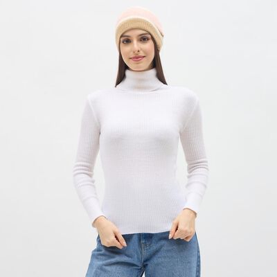 Women's Pastel Pink and Beige Striped Knitted Beanie Cap