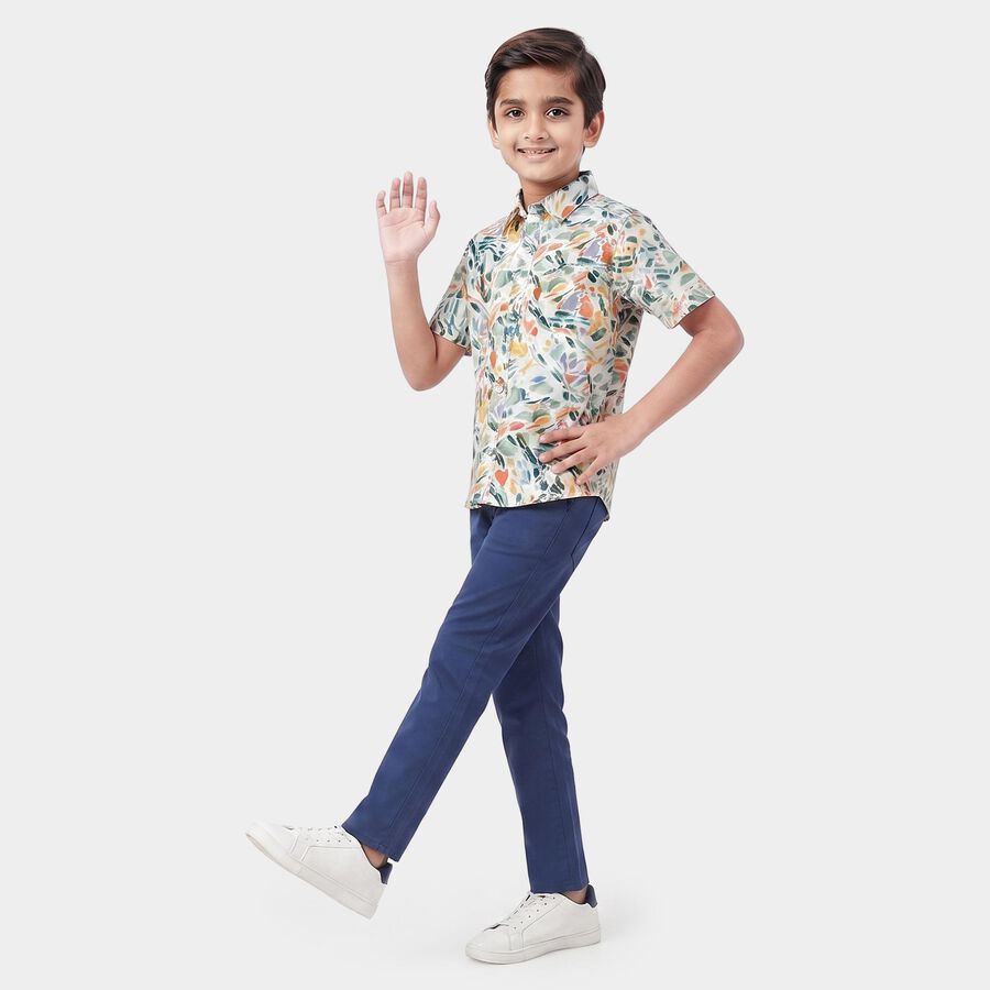 Boys' White Cotton Spread Collar Shirt, White, large